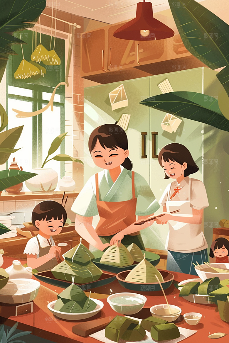 端午包粽子粽叶节日插画