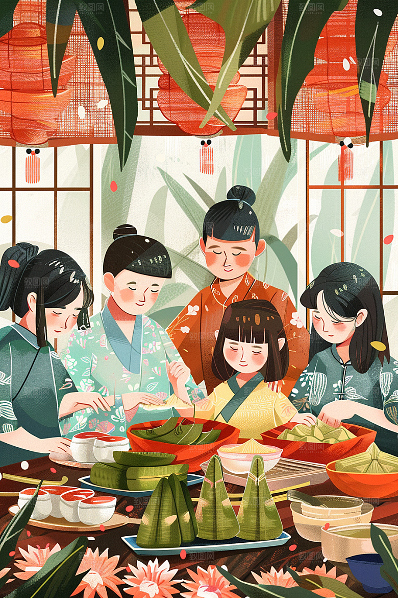 端午包粽子传统文化节日氛围插画