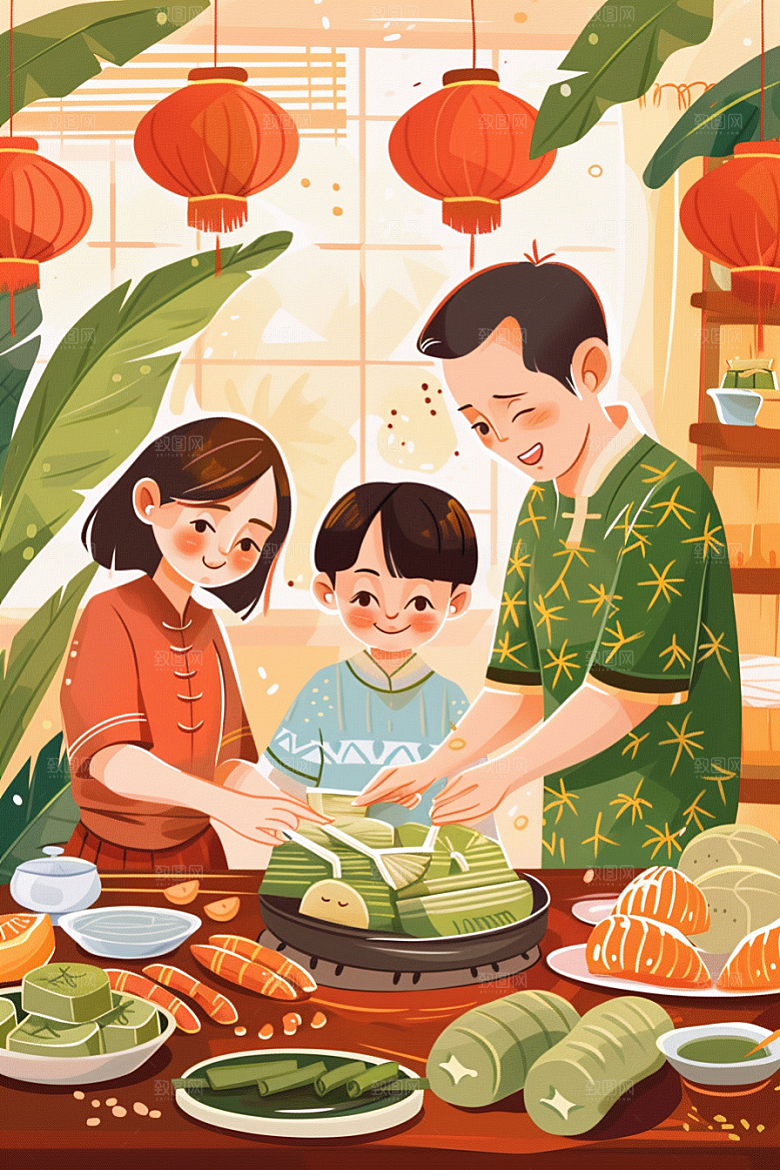 端午包粽子端午节小吃插画