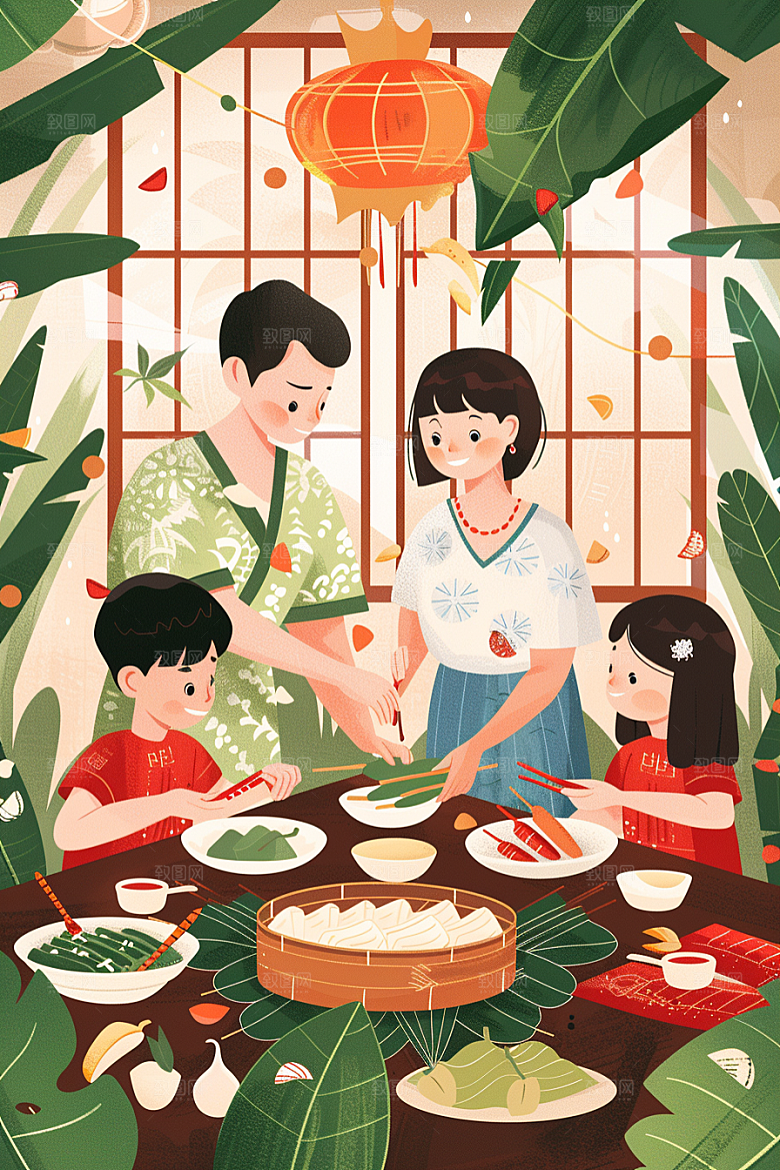 端午包粽子糯米传统文化插画