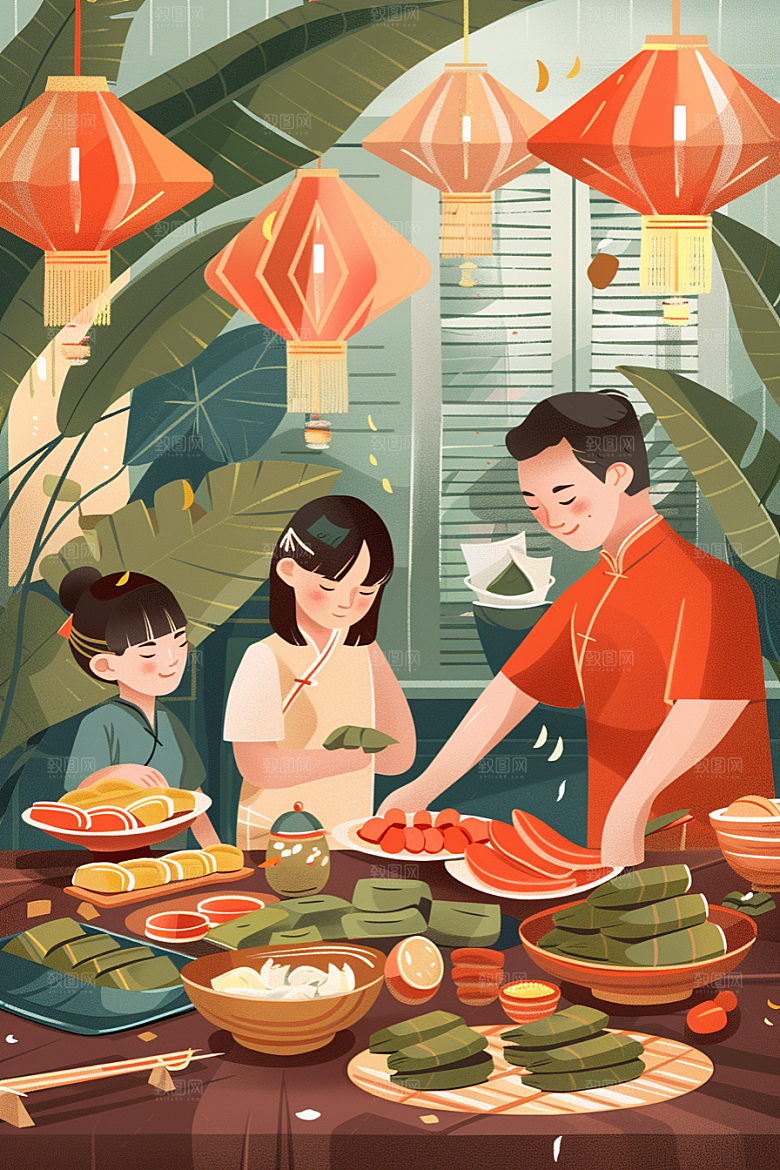 端午包粽子端午节粽叶插画