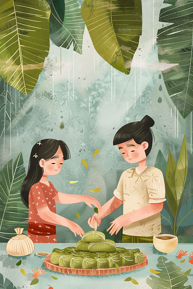 端午包粽子端午节糯米插画