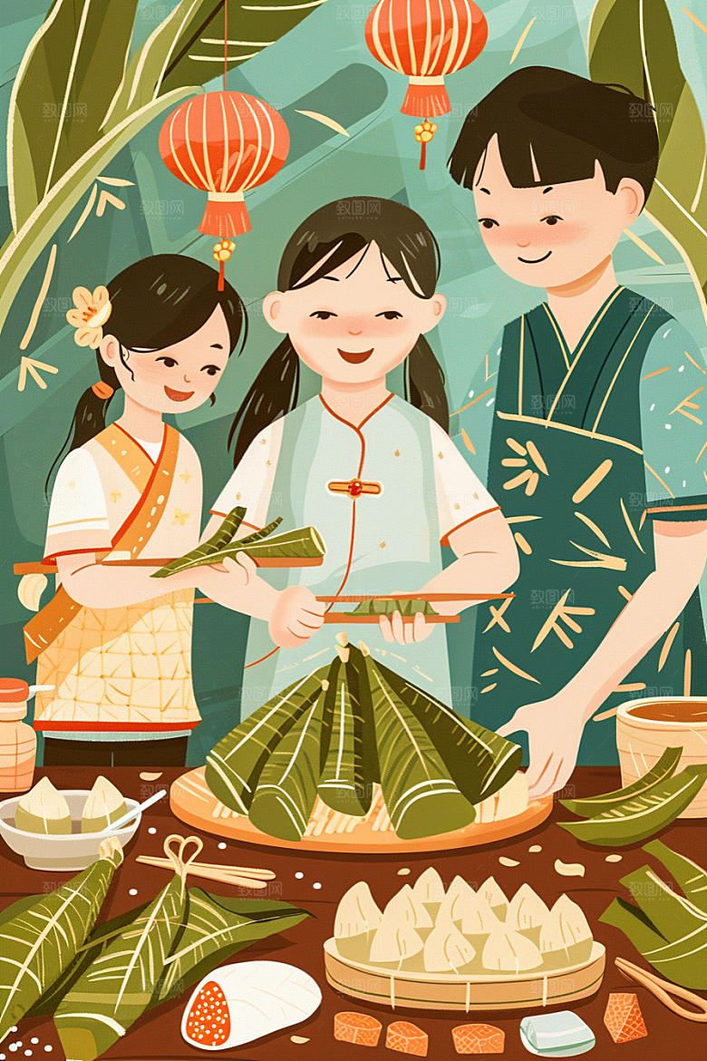 端午包粽子小吃美味插画