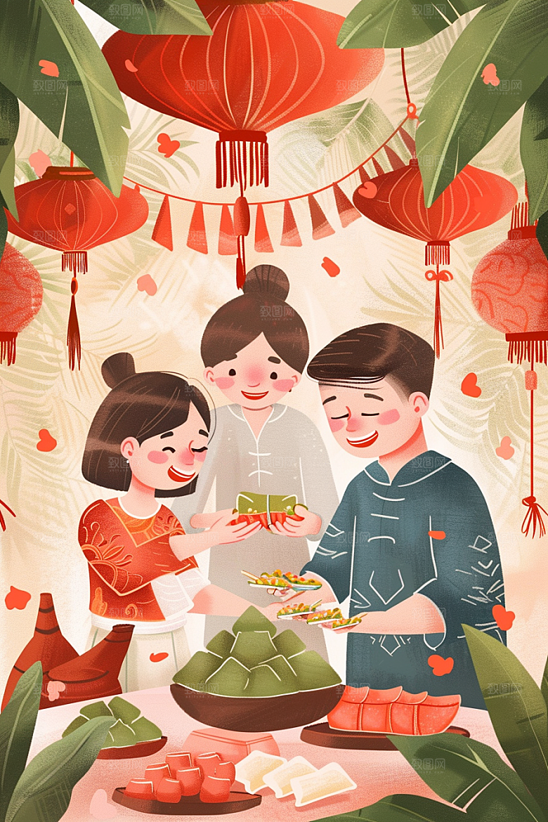 端午包粽子幸福传统文化插画