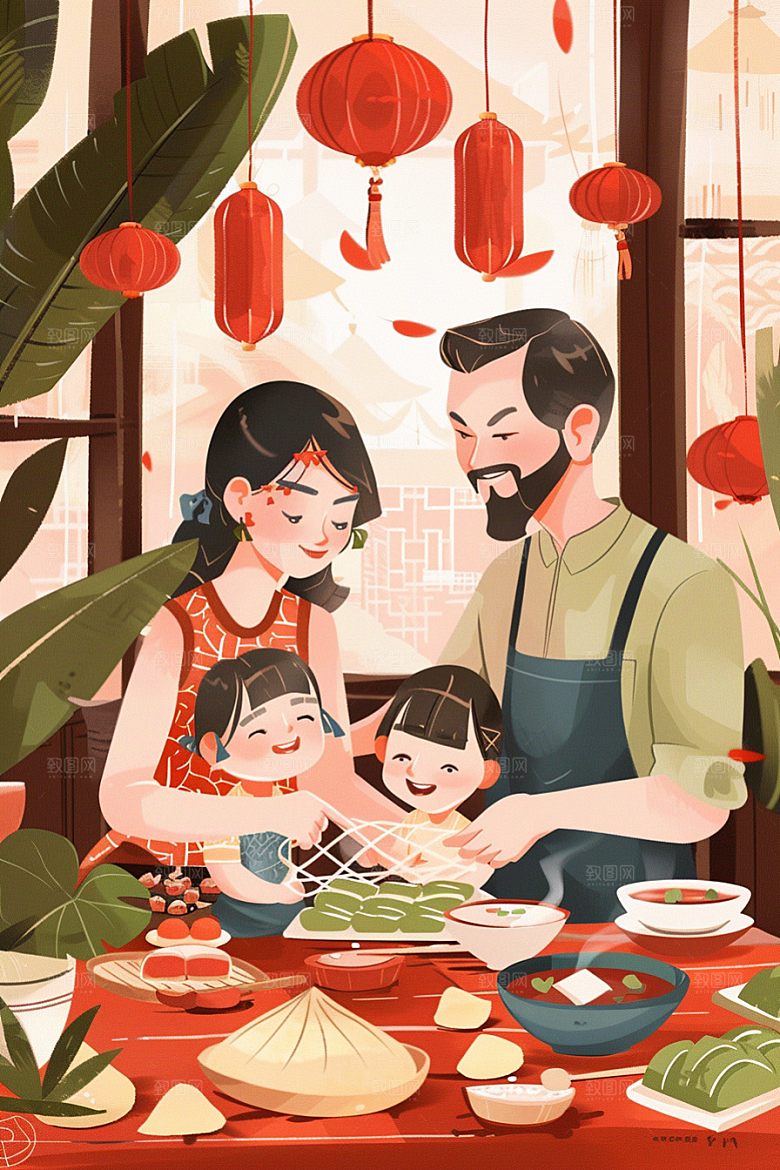 端午包粽子节日习俗插画