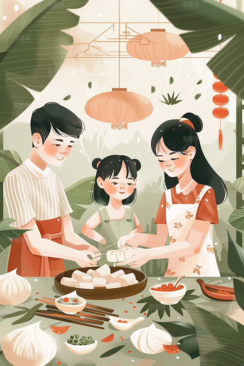 端午包粽子小吃幸福插画