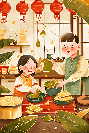 端午包粽子美食温馨插画