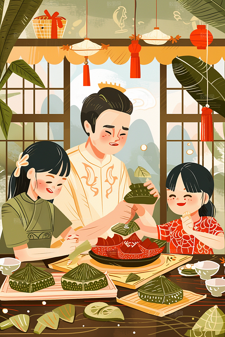 端午包粽子节日美食插画