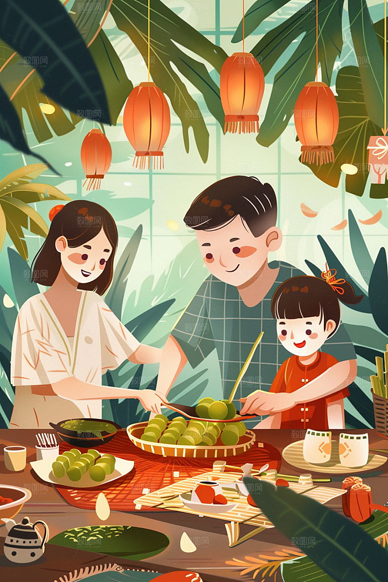端午包粽子端午节节日插画