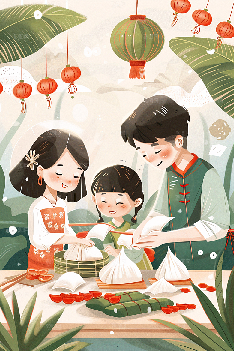端午包粽子习俗美食插画