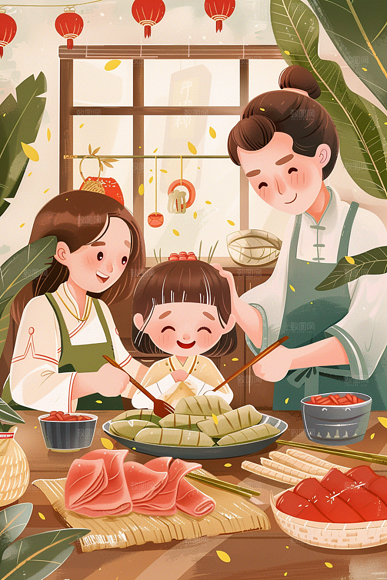 端午包粽子小吃美味插画