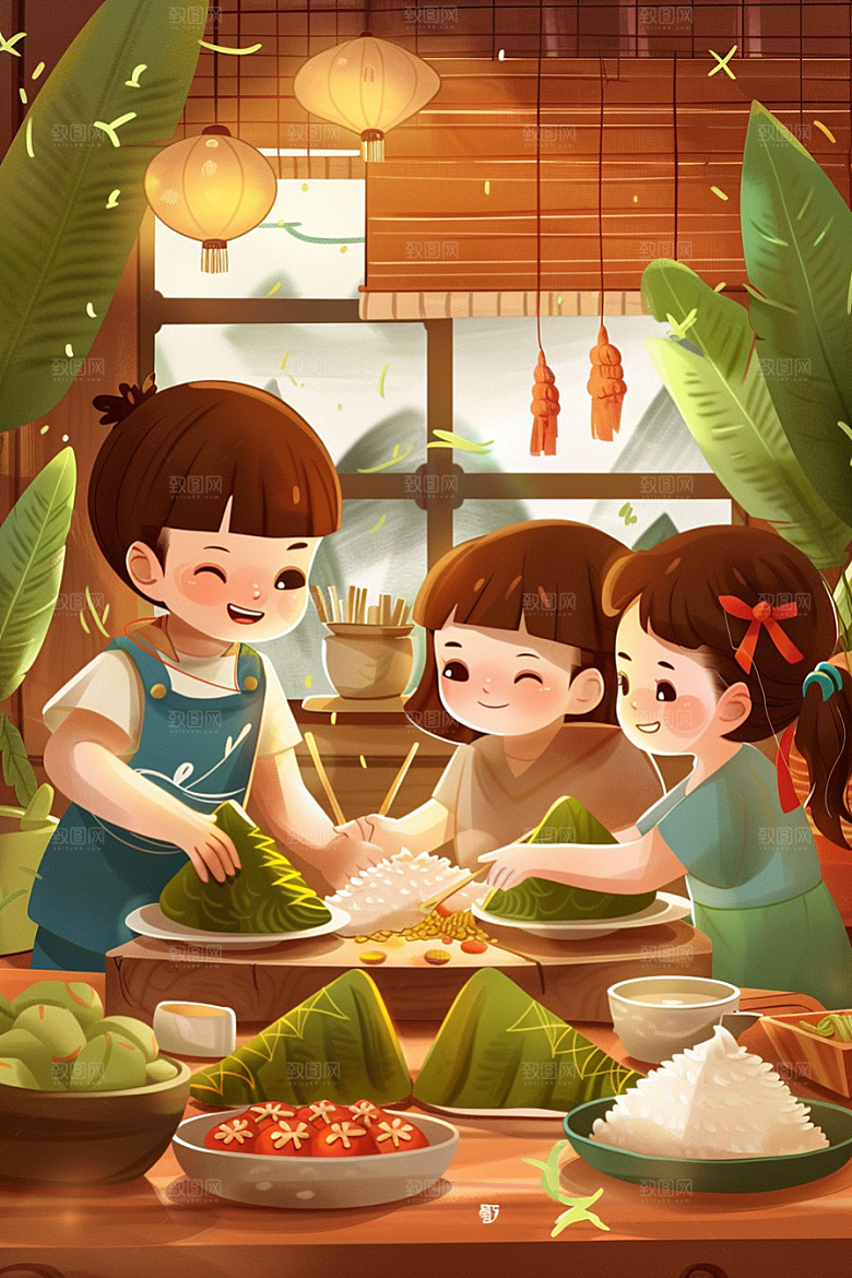 端午包粽子糯米小吃插画