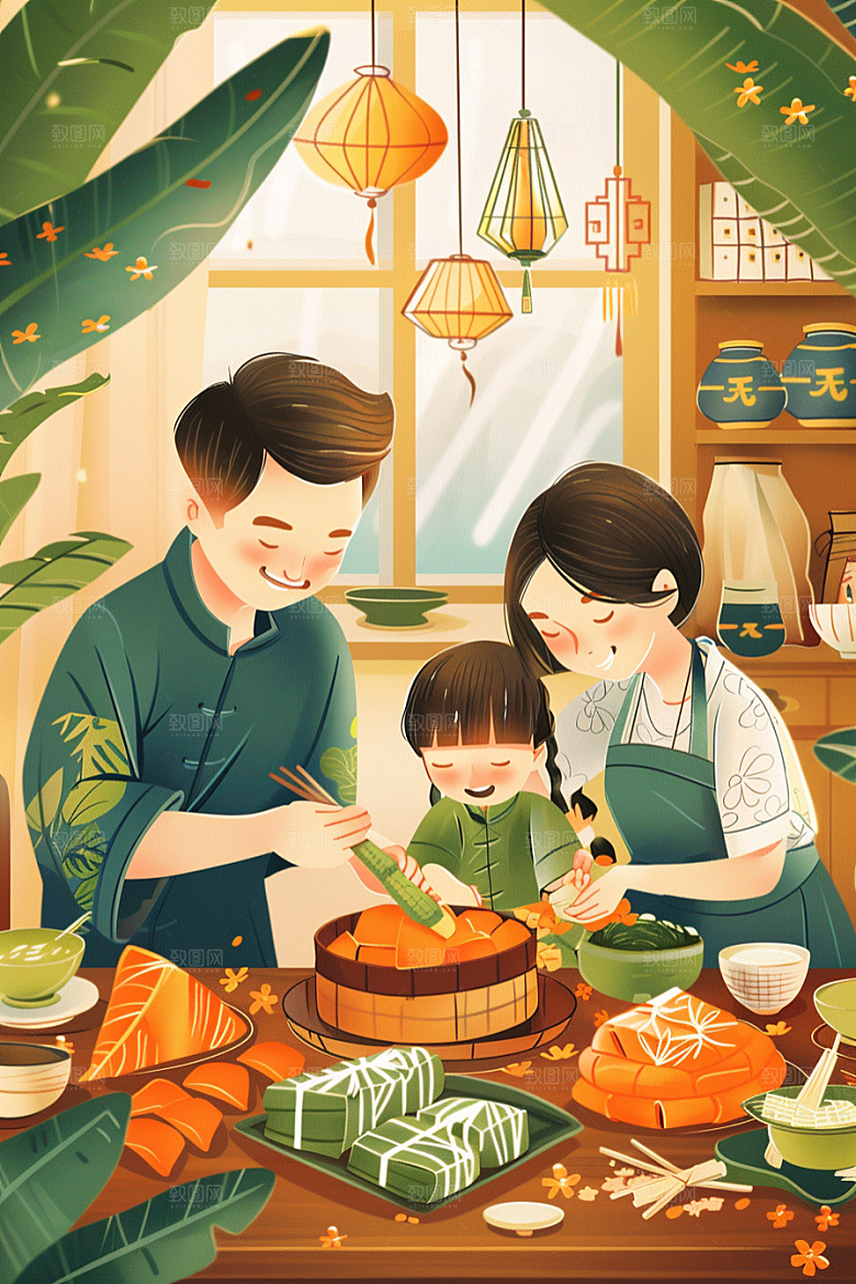 端午包粽子端午节手绘插画