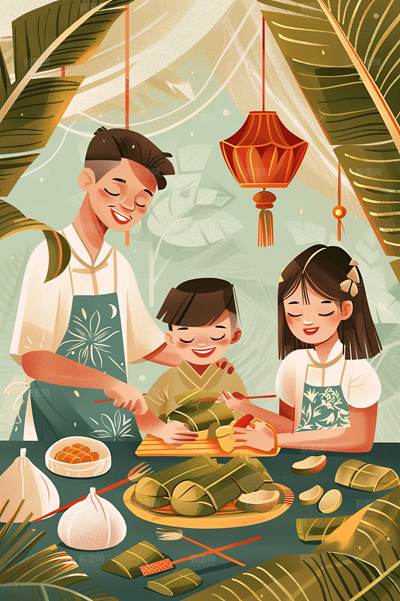 端午包粽子温馨习俗插画