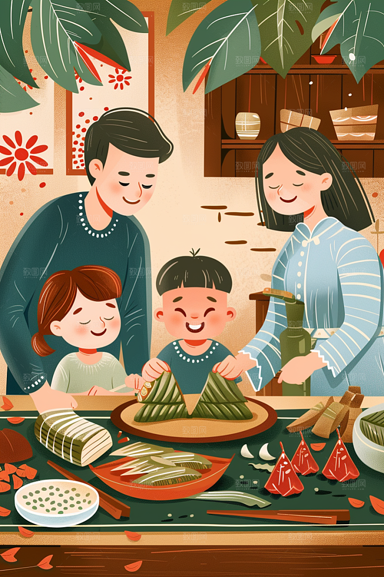 端午包粽子幸福高清插画