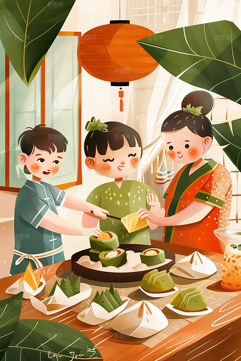 端午包粽子手绘美味插画
