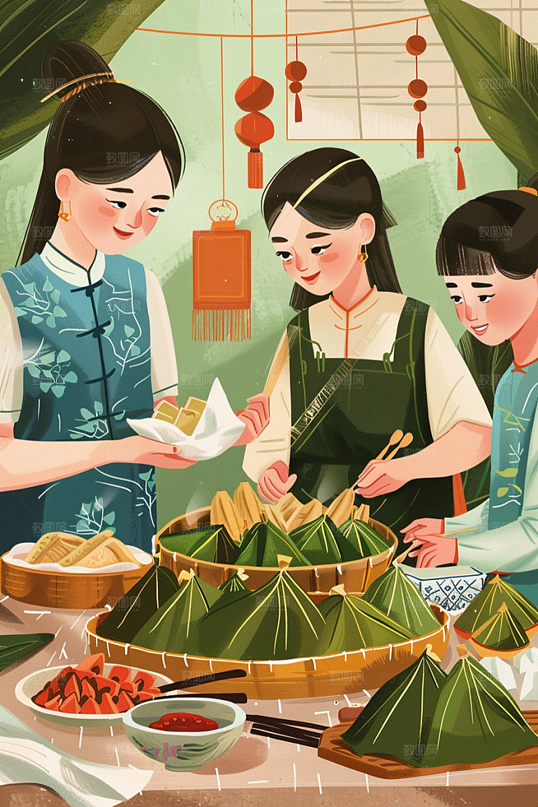 端午包粽子温馨节日氛围插画