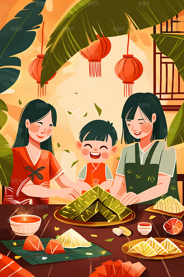 端午包粽子美味习俗插画