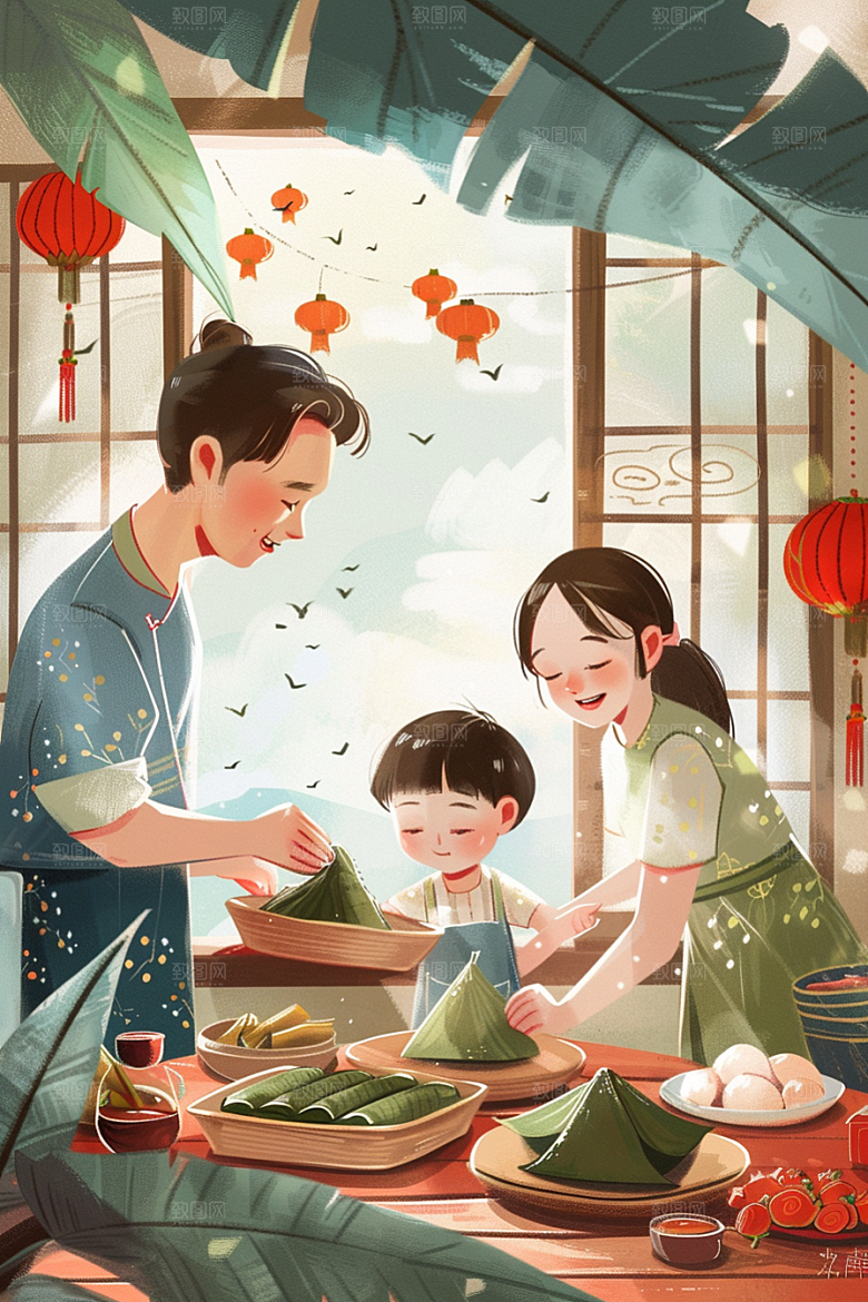 端午包粽子习俗美味插画