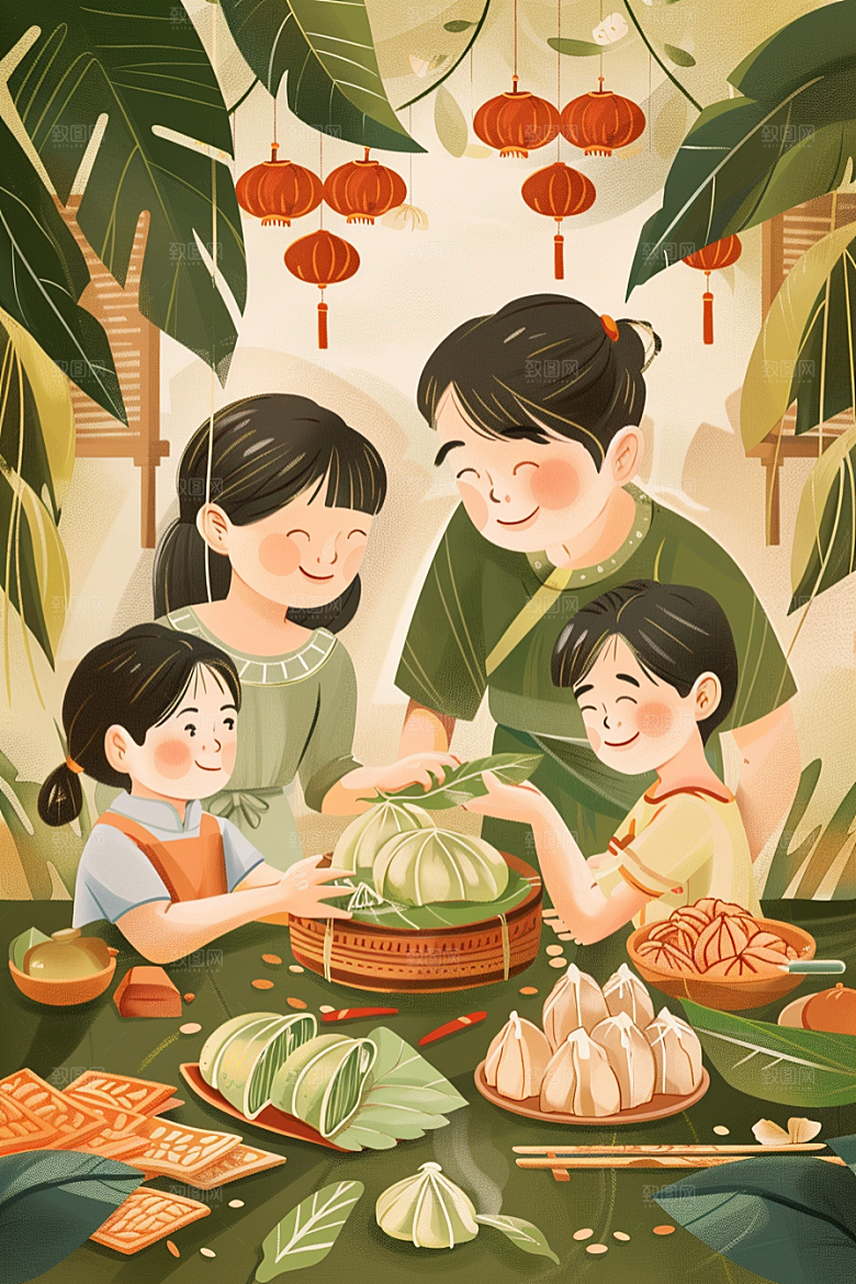 端午包粽子糯米阖家团聚插画