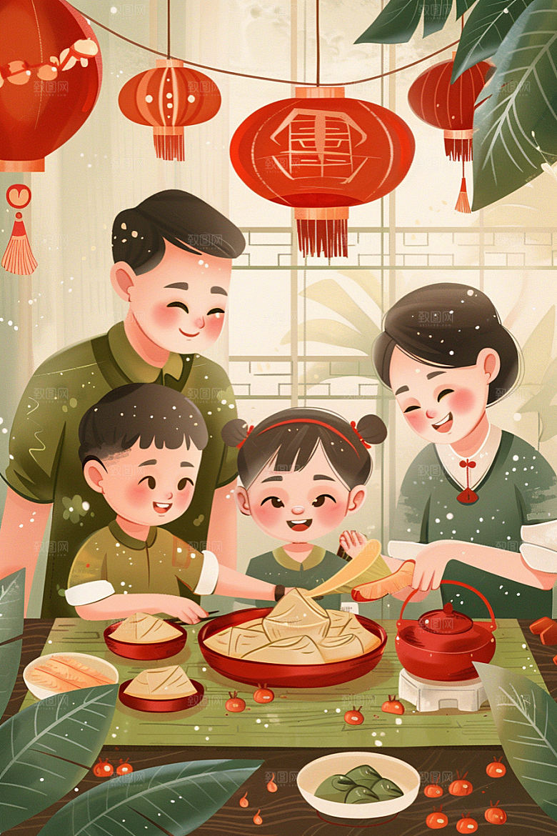 端午包粽子糯米粽叶插画