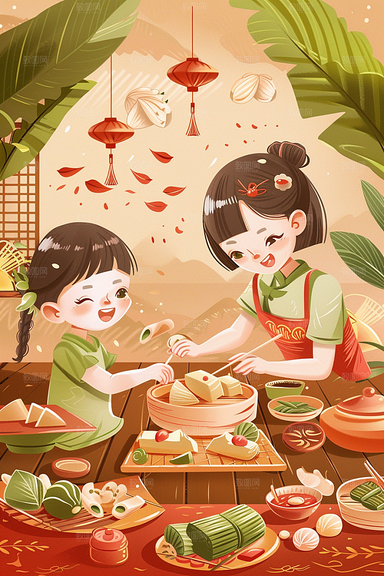 端午包粽子端午节温馨插画