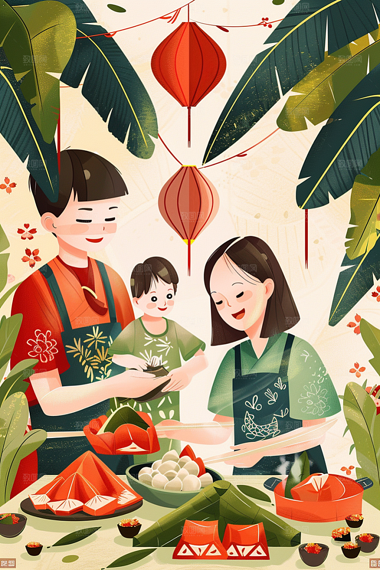 端午包粽子小吃习俗插画