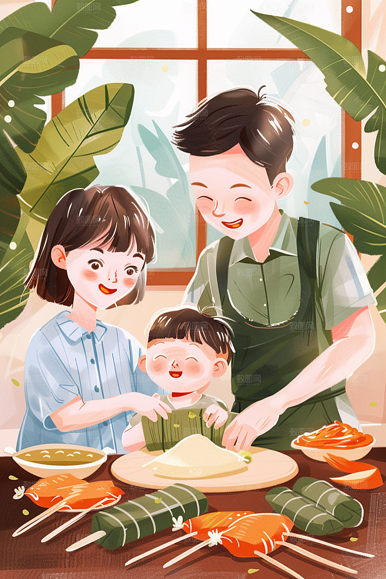 端午包粽子传统文化幸福插画