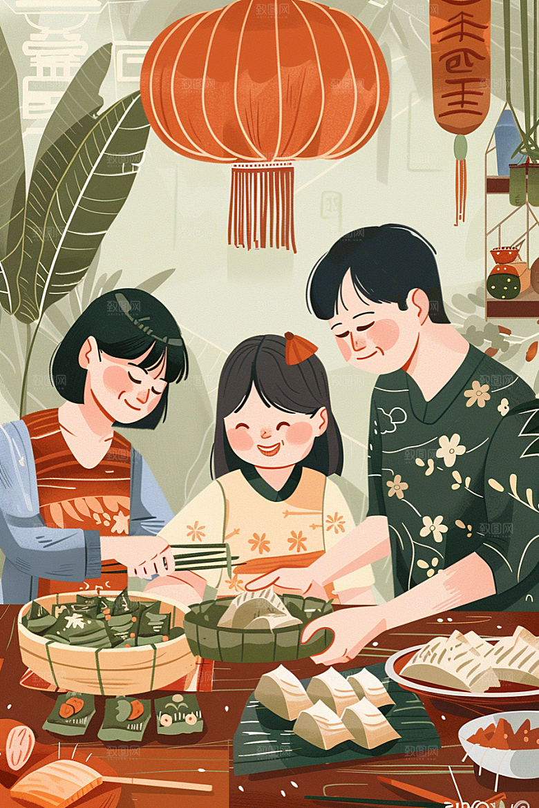 端午包粽子幸福节日氛围插画