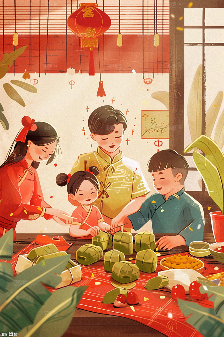 端午包粽子糯米温馨插画