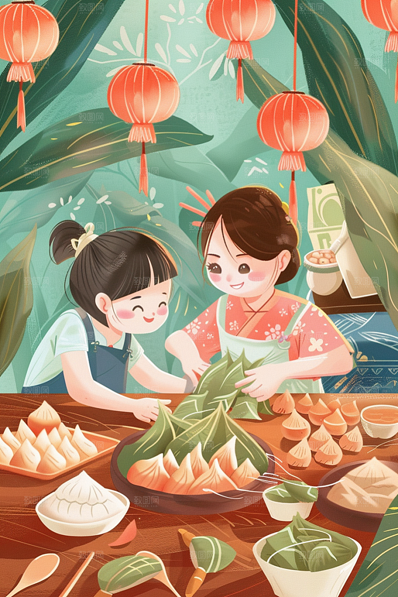 端午包粽子节日氛围美味插画