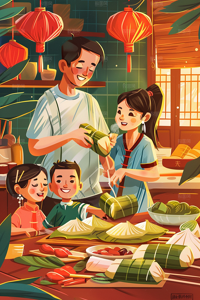 端午包粽子温馨节日插画