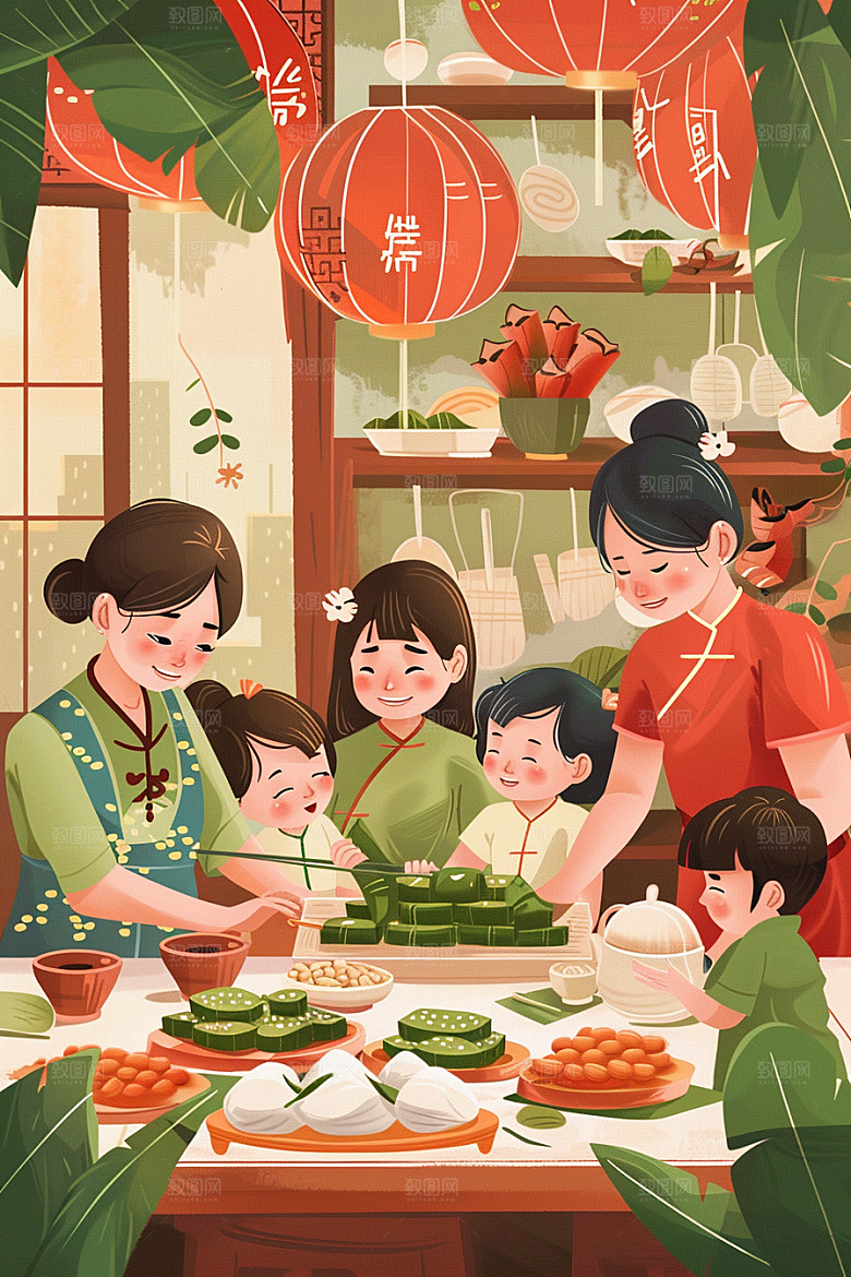 端午包粽子美味温馨插画