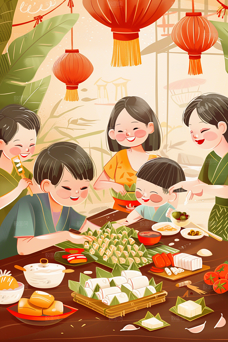 端午包粽子端午节粽叶插画