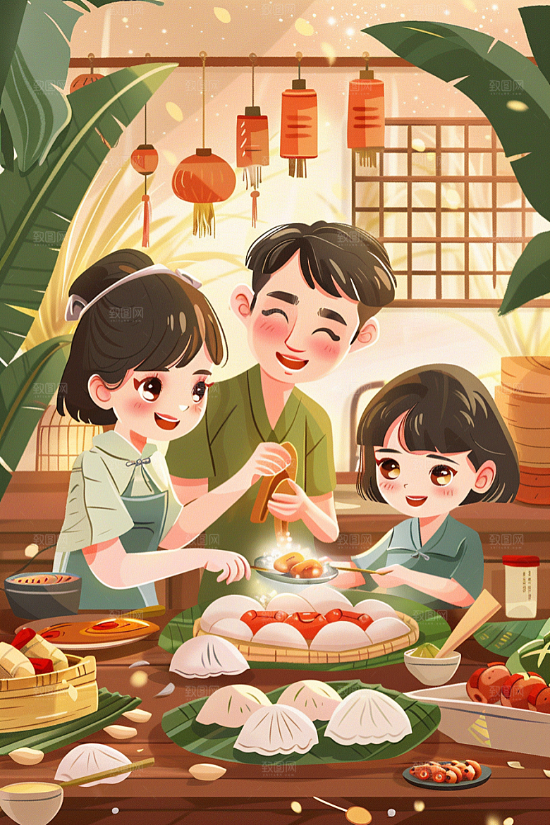 端午包粽子粽叶小吃插画