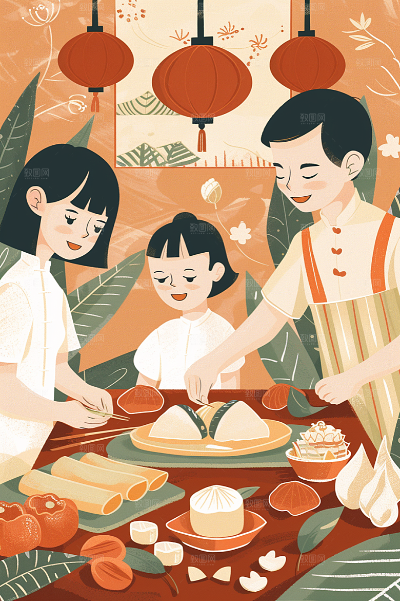 端午包粽子习俗幸福插画