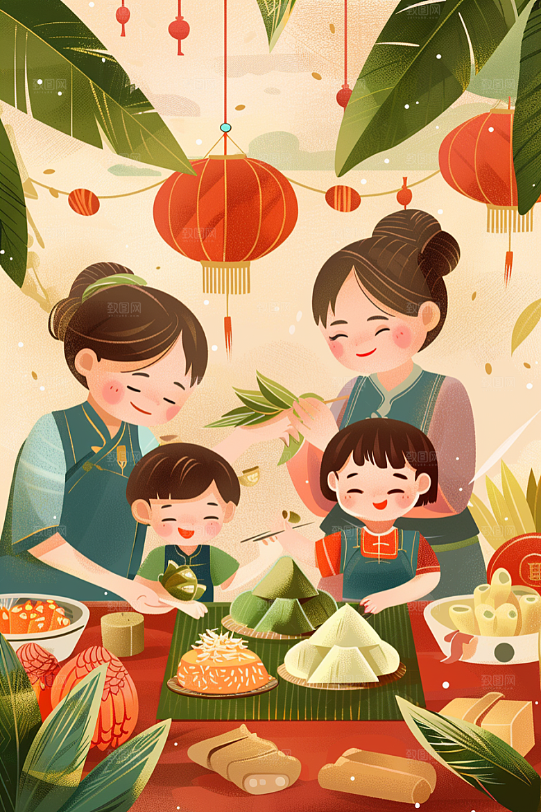 端午包粽子小吃美食插画