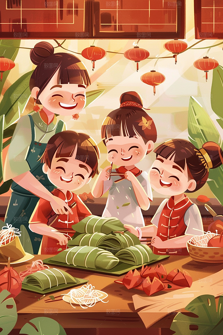 端午包粽子节日氛围传统文化插画