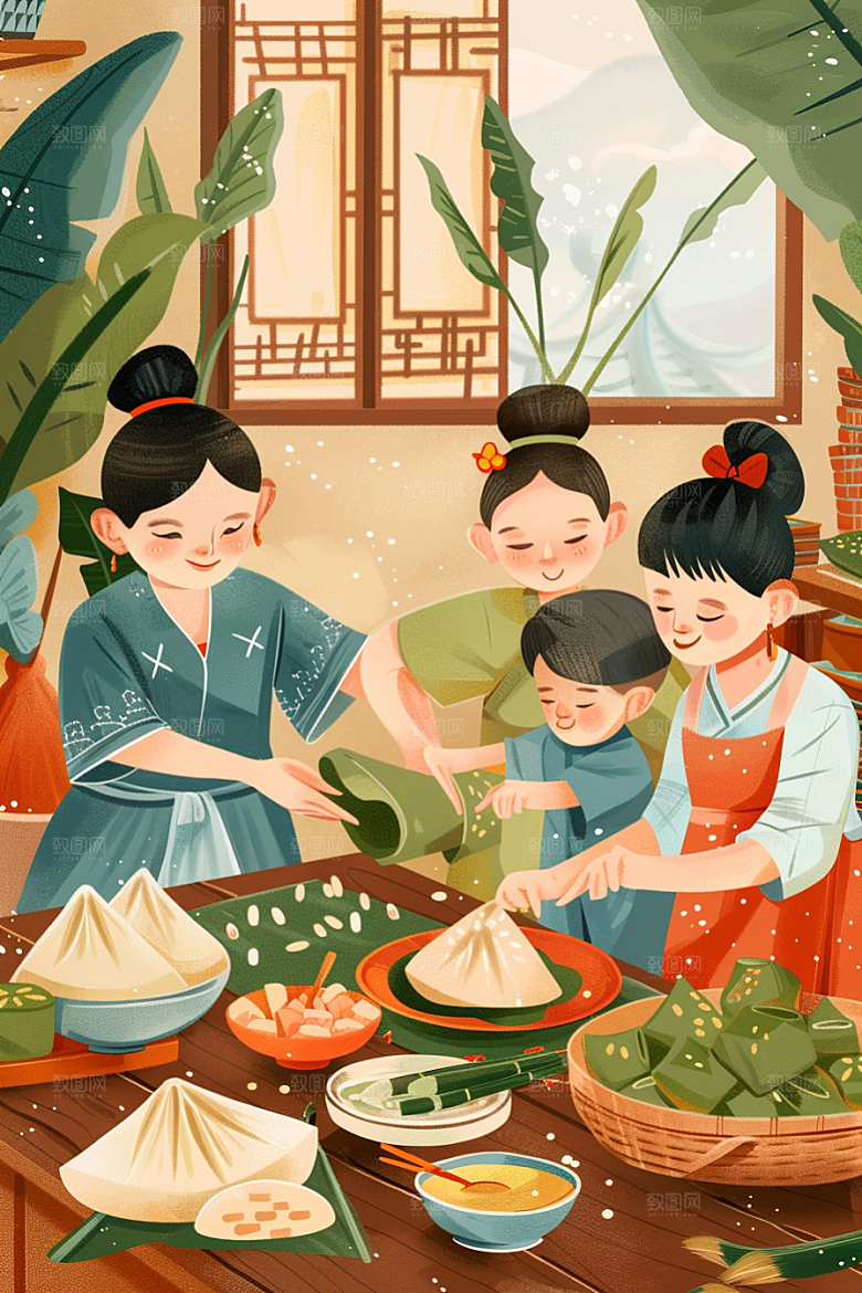 端午包粽子美味手绘插画