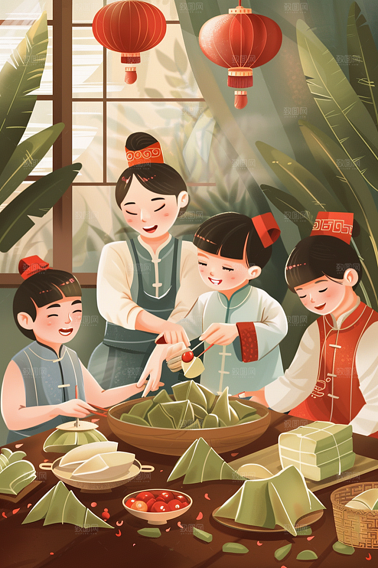 端午包粽子高清小吃插画