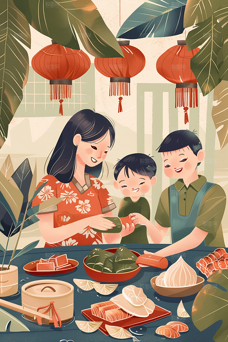 端午包粽子美味粽叶插画