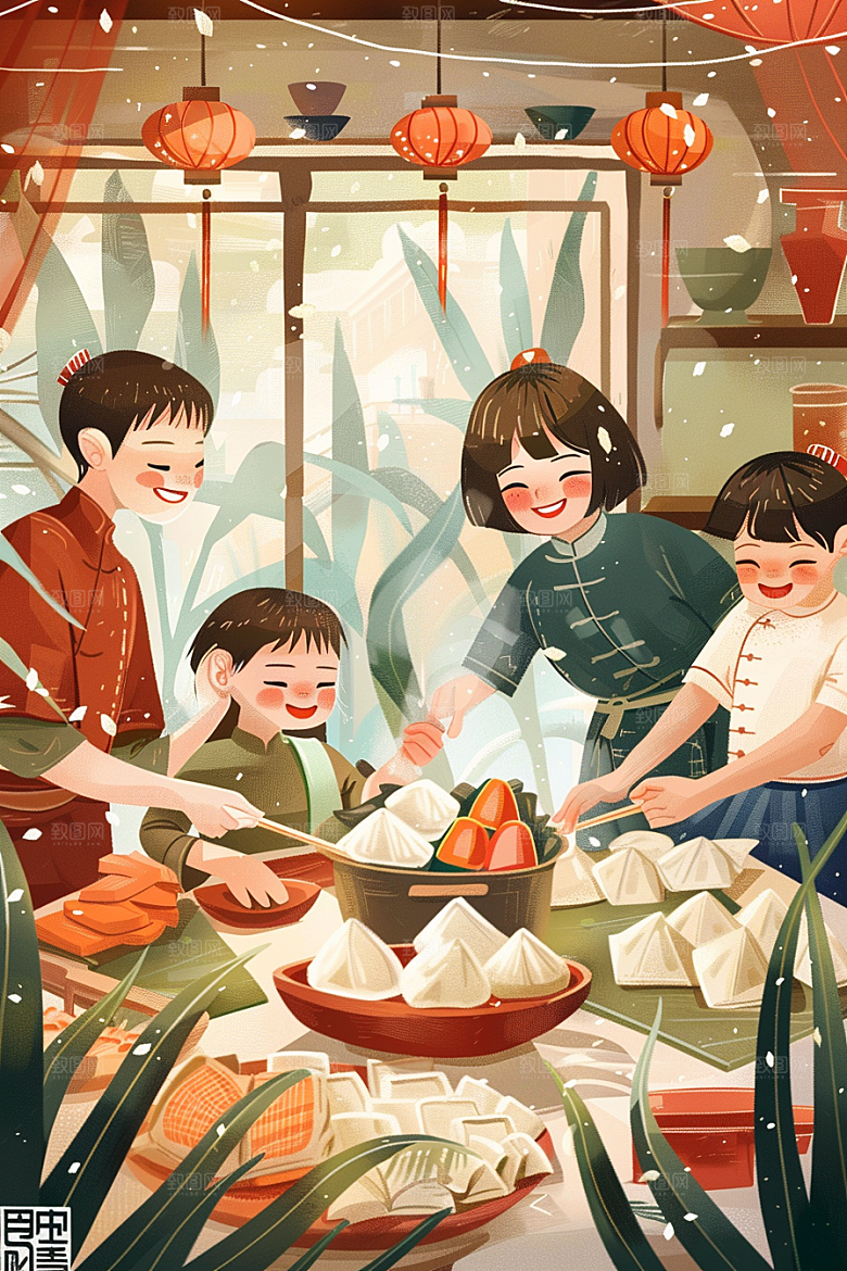 端午包粽子端午节高清插画