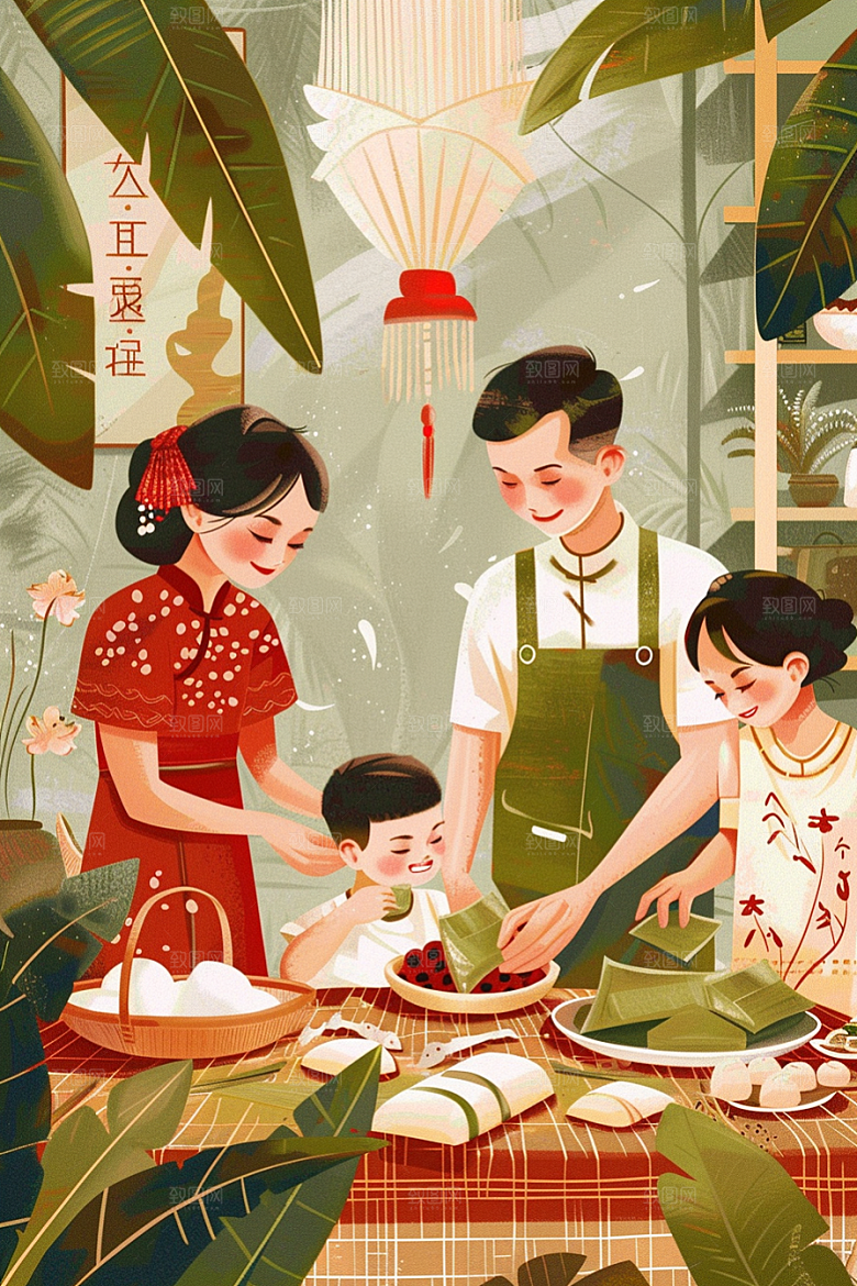 端午包粽子高清幸福插画