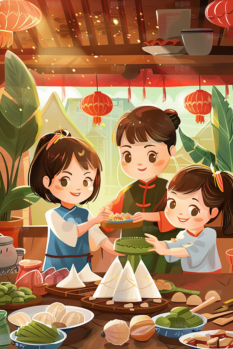 端午包粽子手绘温馨插画