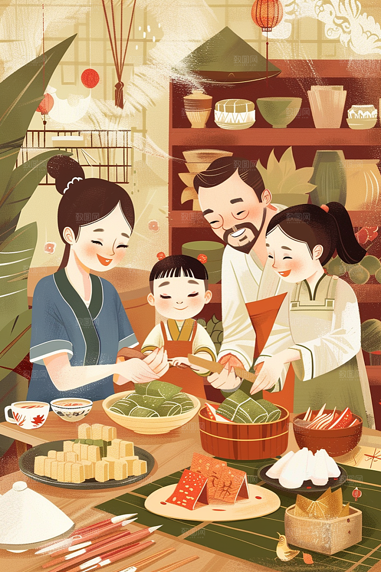 端午包粽子高清幸福插画