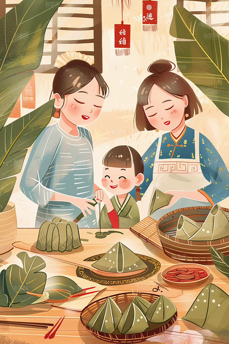 端午包粽子手绘阖家团聚插画