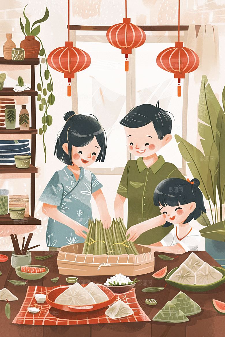 端午包粽子粽叶节日插画