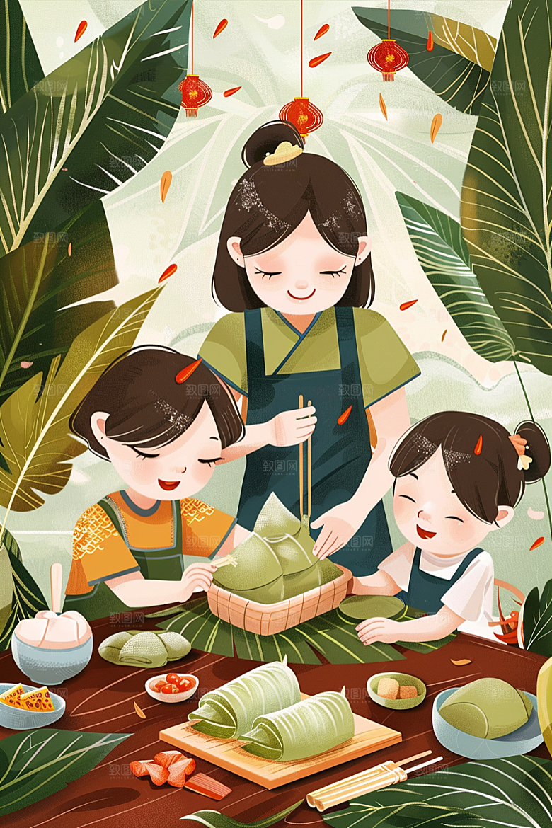 端午包粽子幸福节日插画