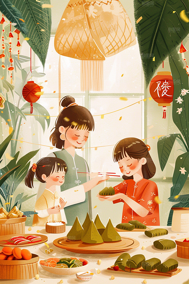 端午包粽子温馨习俗插画
