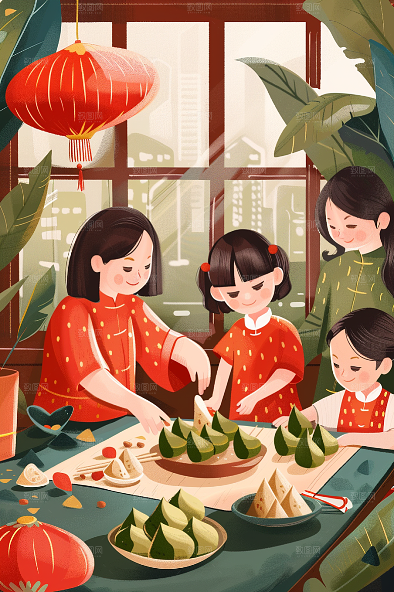 端午包粽子端午节小吃插画
